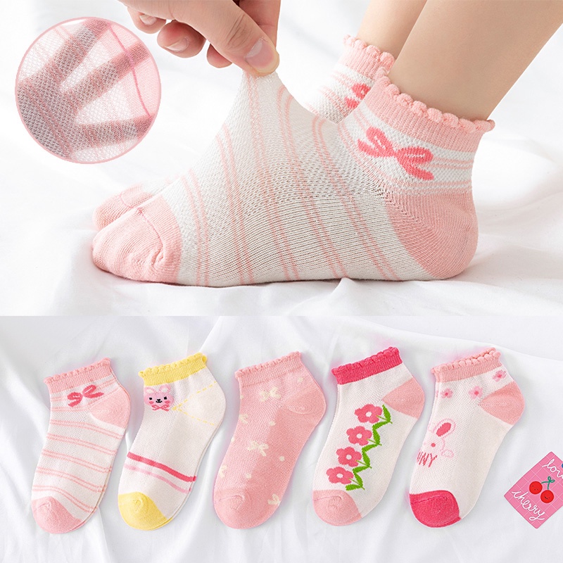 LJMOFA Set 5 Đôi Vớ Cotton Phối Lưới Thoáng Khí Thoải Mái Họa Tiết Hoạt Hình Dành Cho Bé Gái 1-13 Tuổi