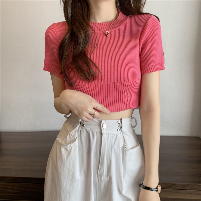 Áo Thun croptop Dệt Kim Tay Ngắn Cổ Tròn Dáng Ôm Thời Trang Mùa Hè Hàng Mới 2023 Dành Cho Bạn Nữ