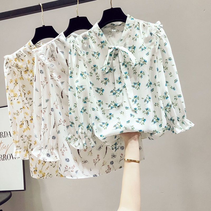 Áo Sơ Mi Chiffon Tay Lỡ Cổ Thắt Nơ Họa Tiết Hoa Thời Trang Cho Nữ
