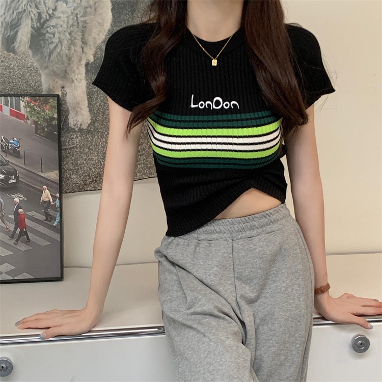 NUZIRO Áo Thun Ngắn Tay Cổ Tròn Ôm Dáng Họa Tiết Kẻ Sọc Màu Tương Phản Thời Trang Hàn Quốc Cho Nữ