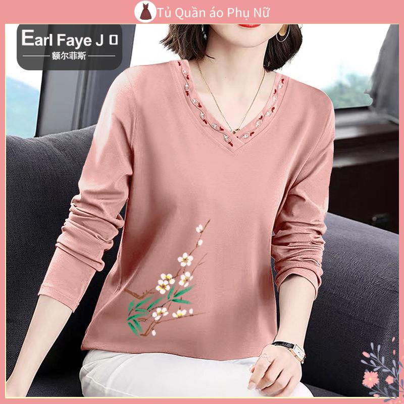 Áo Thun Cotton 100% Tay Dài Cổ Chữ v Thêu Hoa Nhỏ Xinh Thời Trang Mùa Thu 2022 Cho Bạn Gái