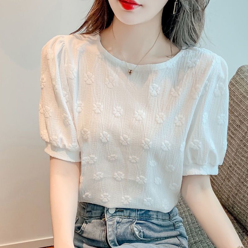 Áo Thun Tay Phồng Ngắn Cổ Tròn Phối Ren Phong Cách Vintage Pháp N518