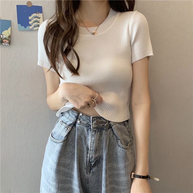 Áo Thun croptop Dệt Kim Tay Ngắn Cổ Tròn Dáng Ôm Thời Trang Mùa Hè Hàng Mới 2023 Dành Cho Bạn Nữ