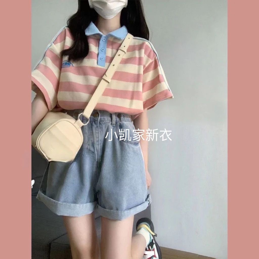 Set Áo Thun POLO Tay Ngắn Và Quần Short Họa Tiết Kẻ Sọc Phong Cách Preppy Thời Trang Mùa Hè 2023 Mới