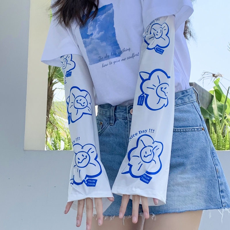 Ống tay GAVINBROWN chống nắng bằng lụa lạnh dáng rộng in họa tiết hoạt hình chống tia cực tím thời trang mùa hè