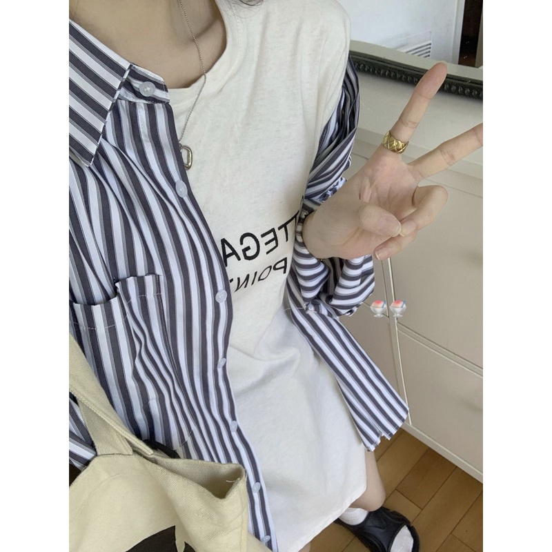 Áo Sơ Mi Dáng Rộng Họa Tiết Kẻ Sọc Thời Trang Hàn Quốc