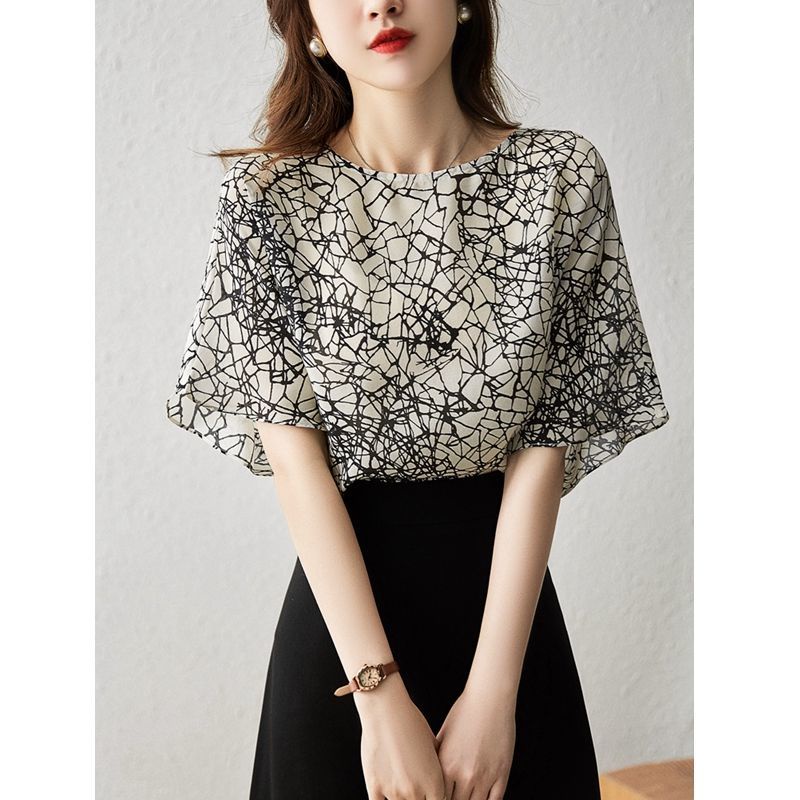Áo Sơ Mi Chiffon Cổ Tròn Tay Lửng Dáng Rộng In Họa Tiết Hoa Phong Cách Hàn Quốc Cổ Điển Thời Trang Mới