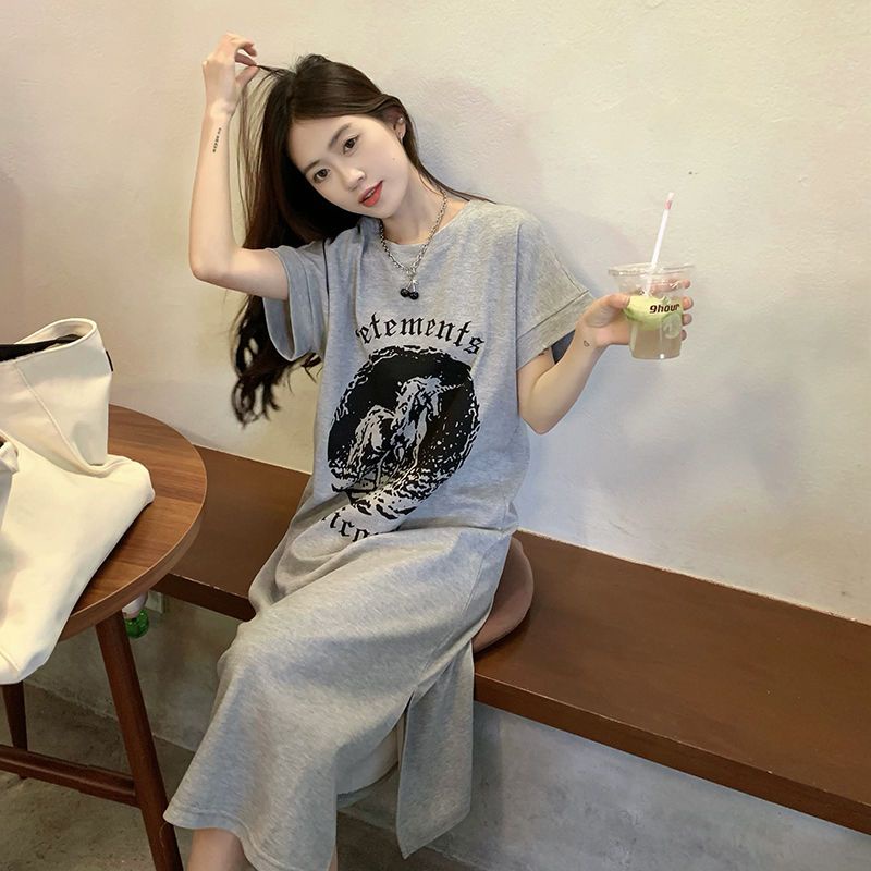 Đầm Thun Tay Ngắn Dáng Rộng Xẻ Tà In Họa Tiết Thời Trang Mùa Hè Kiểu Mới Cho Nữ