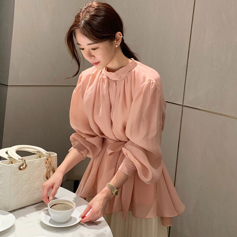 Áo Kiểu Tay Dài Cổ Đứng Ôm Eo Thời Trang Hàn Quốc Cho Nữ