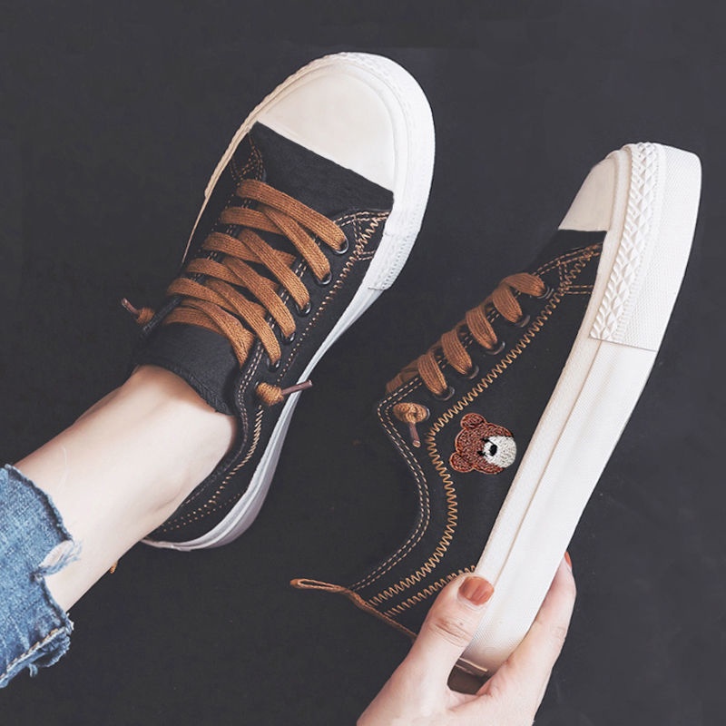 Giày Trượt Patin Vải canvas Thoáng Khí Đế Phẳng Hình Gấu Phong Cách Hàn Quốc Thời Trang Xuân Thu Hàng Mới Dành Cho Học Sinh Nữ