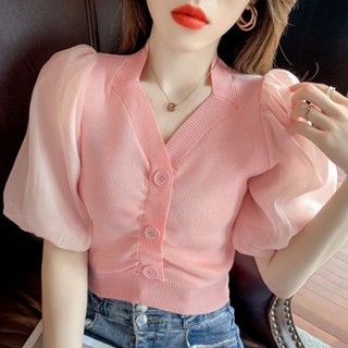  Áo chiffon dệt kim tay ngắn phồng cổ chữ V thời trang mùa hè 2023 phong cách mới cho nữ 