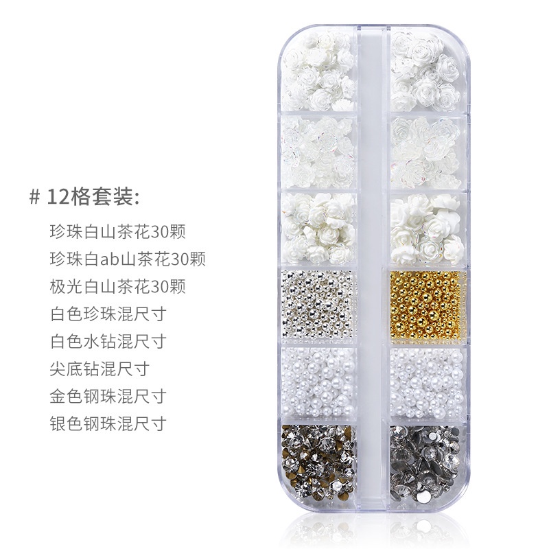 Wanghongshan Bộ Phụ Kiện Trang Trí Móng Tay Hình Hoa Hồng Trắng Ba Chiều Đính Đá Pha Lê