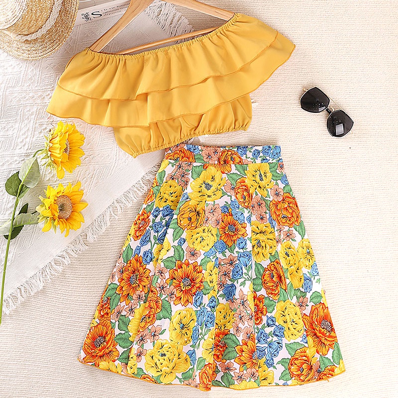 Set trang phục SIYYIS áo kiểu crop top màu vàng và chân váy in họa tiết hoa xinh xắn cho bé gái 8-12 tuổi