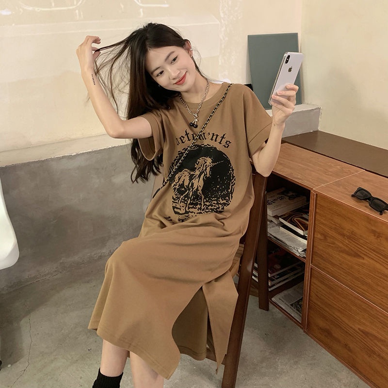 Đầm Thun Tay Ngắn Dáng Rộng Xẻ Tà In Họa Tiết Thời Trang Mùa Hè Kiểu Mới Cho Nữ