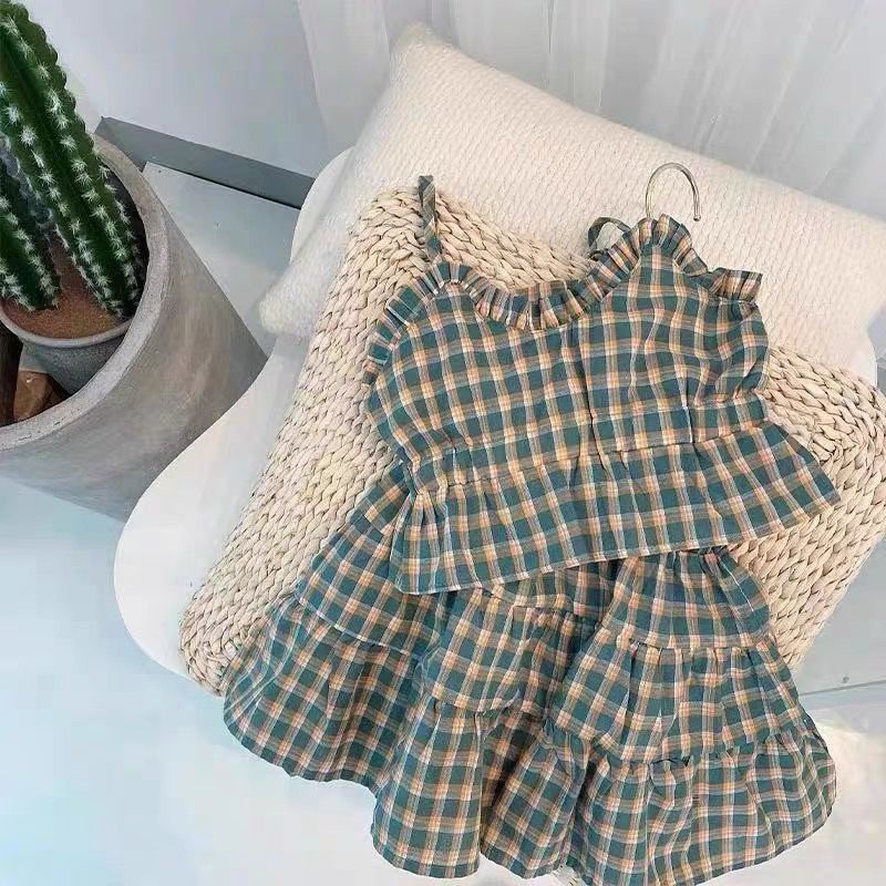 MNGRL Đồ Bộ Áo 2 Dây Đầm Chân Váy Caro Mùa Hè Hàn Quốc Cho Bé Gái
