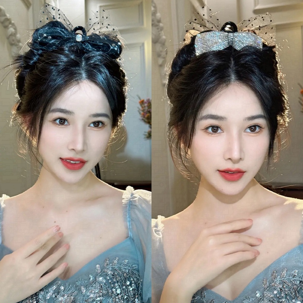 Kẹp Tóc Nơ Lưới Hai Mặt Đính Đá Lấp Lánh Chất Lượng Cao Cho Nữ