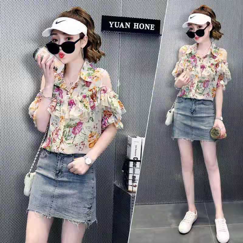 Áo Sơ Mi Chiffon Tay Ngắn Dáng Rộng Hở Vai In Họa Tiết Phong Cách Hàn Quốc Kiểu Mới
