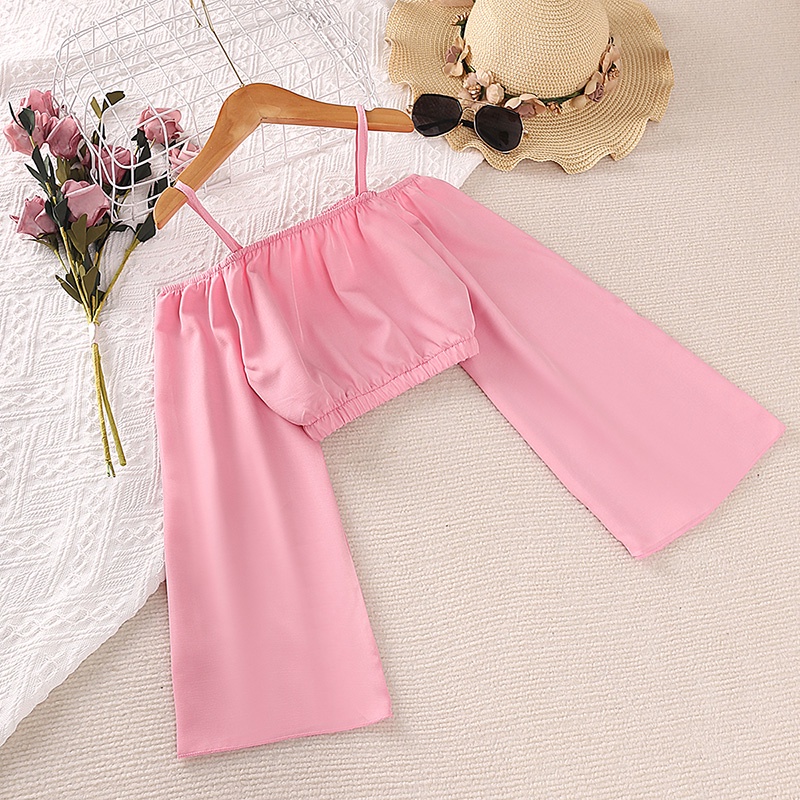 Áo Croptop Trễ Vai Tay Chuông Màu Sắc Hồng Thời Trang Dành Cho Bé Gái 8-12 Tuổi