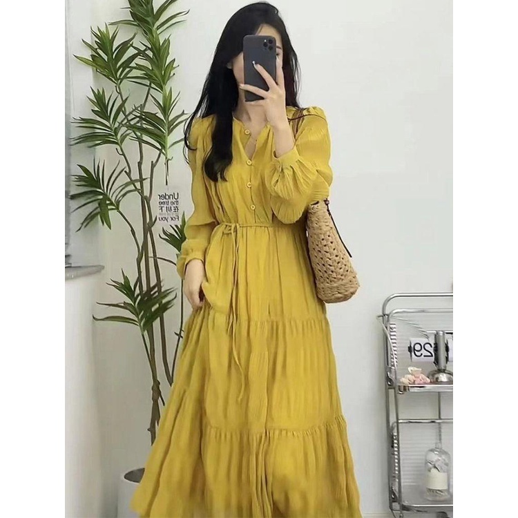 Đầm Xòe Eo Cao Tay Dài Rút Dây Màu Vàng Phong Cách Cổ Điển Thời Trang Mùa Xuân 2023 Cho Nữ