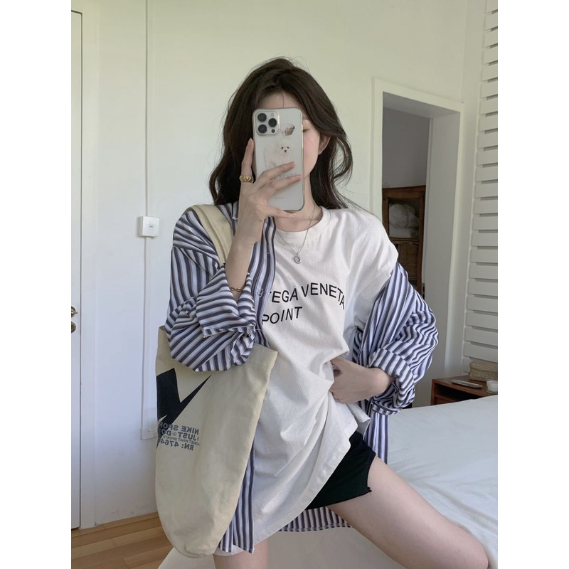 Áo Sơ Mi Dáng Rộng Họa Tiết Kẻ Sọc Thời Trang Hàn Quốc