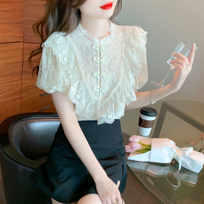 Áo Voan Tay Ngắn Phồng Phối Ren Thời Trang Mùa Hè Dành Cho Nữ E1MH