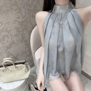 Set áo yếm sát nách nữ cổ yếm Sát Nách Dáng Rộng Xếp Ly Phong Cách Hàn Quốc