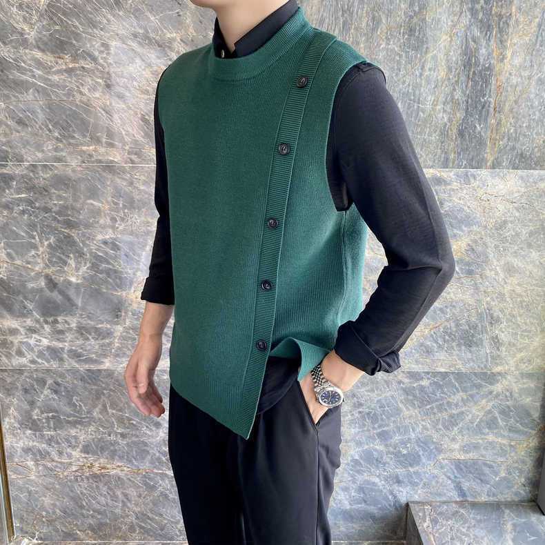 Áo Sweater Dệt Kim Không Tay Cổ Tròn Dáng Ôm Cài Nút Độc Đáo Phong Cách Hàn Quốc Giản Dị Thời Trang Thu Đông