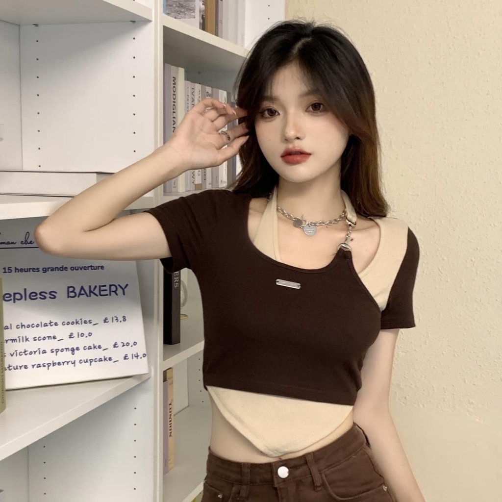 Áo Croptop Tay Ngắn Thiết Kế Lệch Tà Thời Trang Hè Cá Tính Cho Nữ