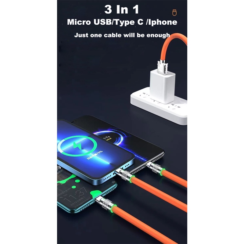 Dây cáp sạc nhanh SGALAS 3 trong 1 6A 120W Micro USB Type-C 1.2M thích hợp cho Huawei Samsung Xiaomi