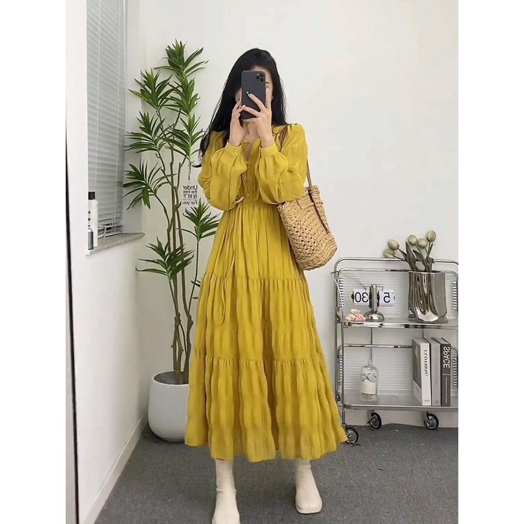 Đầm Xòe Eo Cao Tay Dài Rút Dây Màu Vàng Phong Cách Cổ Điển Thời Trang Mùa Xuân 2023 Cho Nữ