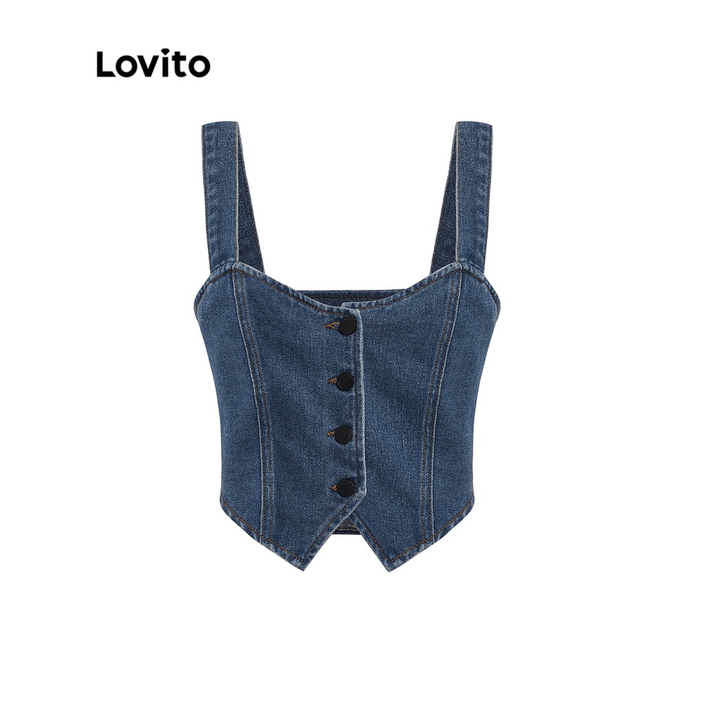 Lovito Thường Thường Thiết kế nút viền không đều Màu Camisole Phụ nữ Denim Vest Top L37AD070 (Xanh hải quân) | BigBuy360 - bigbuy360.vn