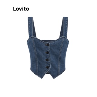 Lovito Thường Thường Thiết kế nút viền không đều Màu Camisole Phụ nữ Denim Vest Top L37AD070 (Xanh hải quân)
