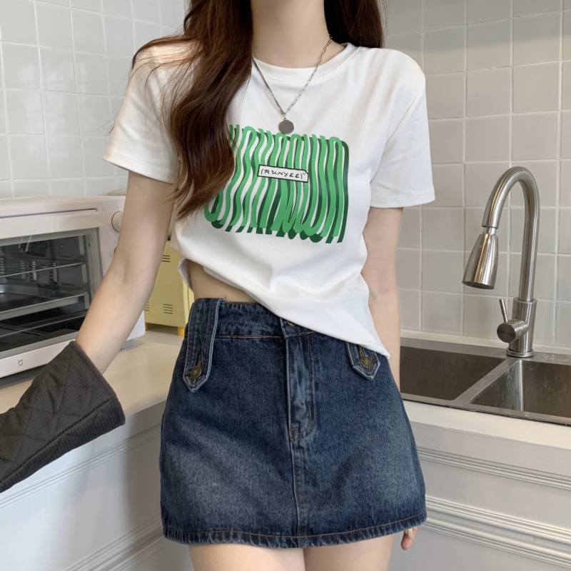 NUZIRO Áo Thun Nữ Ngắn Tay Cổ Tròn In Hình Thời Trang Hàn Quốc