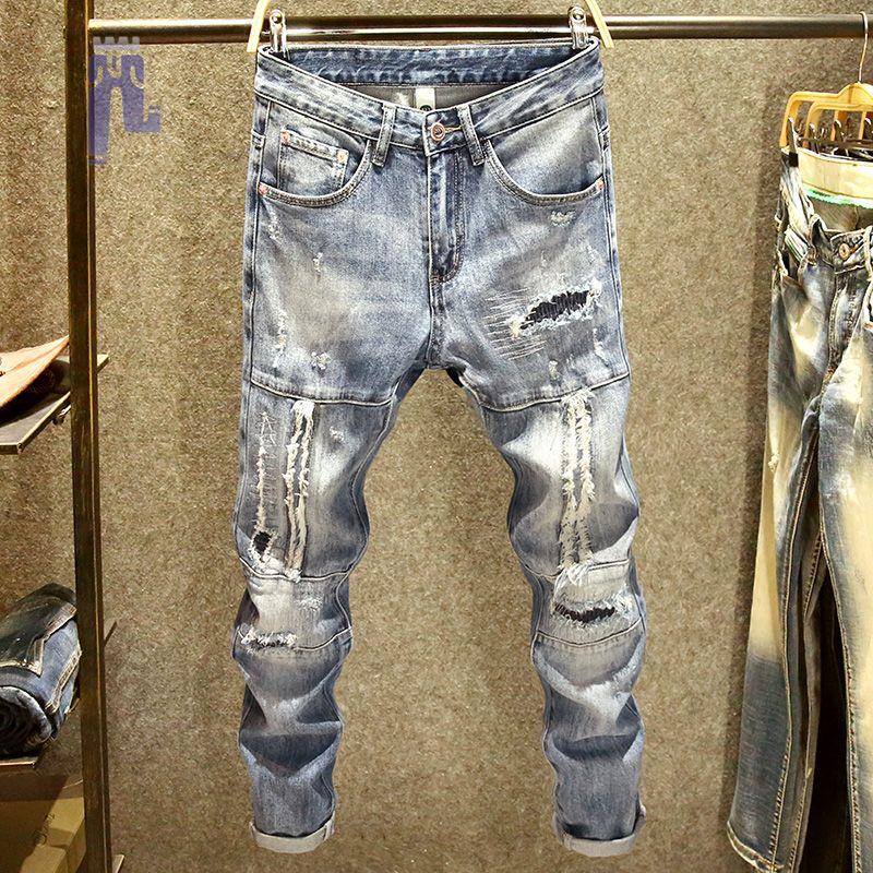 Quần Jean Dài Dáng Ôm Co Giãn Phối Lỗ Rách Thời Trang Cho Nam