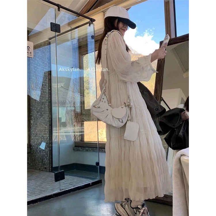 Đầm Xòe Eo Cao Tay Dài Rút Dây Màu Vàng Phong Cách Cổ Điển Thời Trang Mùa Xuân 2023 Cho Nữ