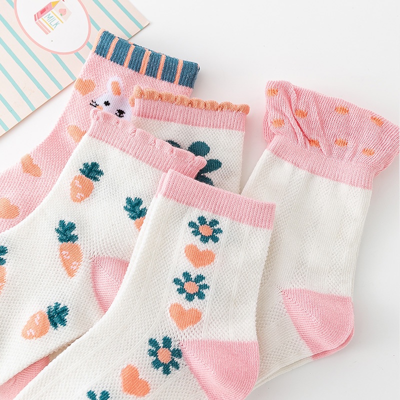 LJMOFA Set 5 Đôi Vớ Cotton Phối Lưới Thoáng Khí Thoải Mái Họa Tiết Hoạt Hình Dành Cho Bé Gái 1-13 Tuổi