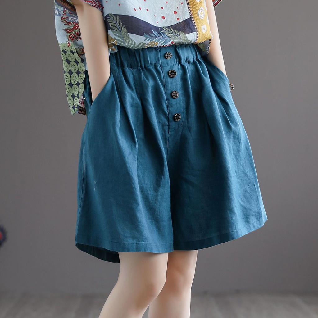 Quần Short Cotton Lanh Mỏng Dáng Rộng Cài Nút Thời Trang Mùa Hè Cho Nữ