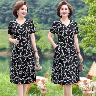 Bà. Hàng Có Sẵn] Bà. Wugu 'S Đầm Lụa Lạnh Dáng Rộng Che Bụng Họa Tiết Hoa Thời Trang Mùa Hè Mới Cho Phụ Nữ Trung Niên - Giảm Bụng