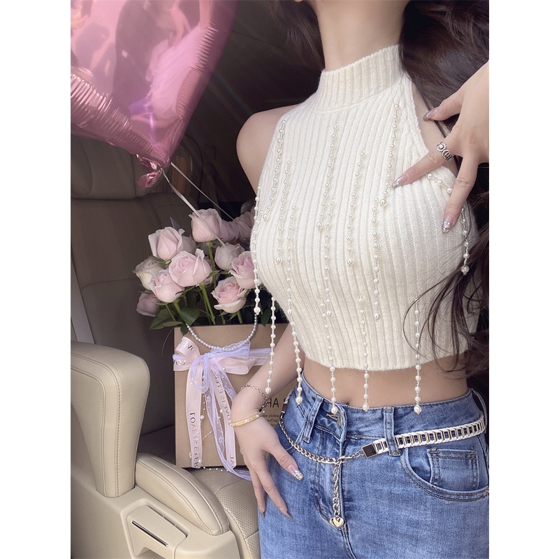 QADCOL Áo Dệt Kim Sát Nách Phối Dây Xích Đính Hạt Ngọc Trai Thời Trang Xuân Hè Cho Nữ