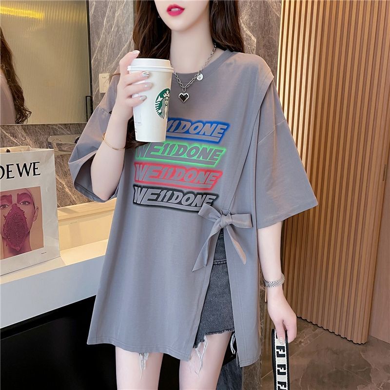 Áo Thun Tay Ngắn Dáng Dài Form Rộng Thiết Kế Xẻ Tà Phong Cách Hàn Quốc Cho Nữ