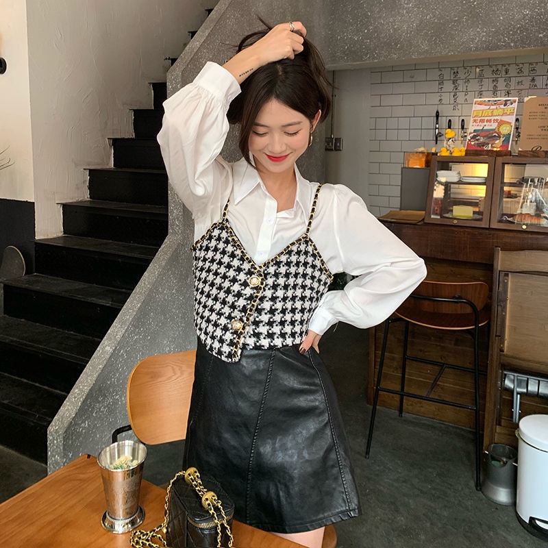 Áo tay dài+áo yếm Set Áo Hai Dây Dáng Ngắn + Áo Sơ Mi Không Tay Thiết Kế Xinh Xắn Thời Trang