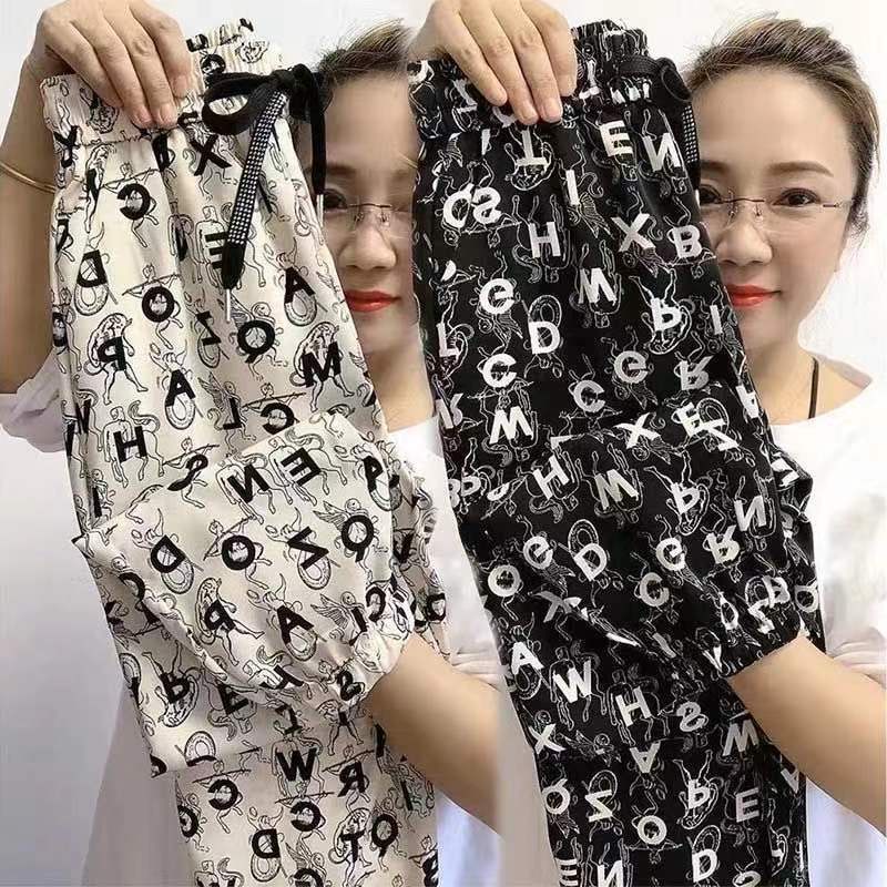 Quần Lửng Lưng Cao Chống Nắng Vải Lụa Lạnh Mỏng In Chữ Cỡ Lớn Thời Trang Mùa Hè Cho Nữ