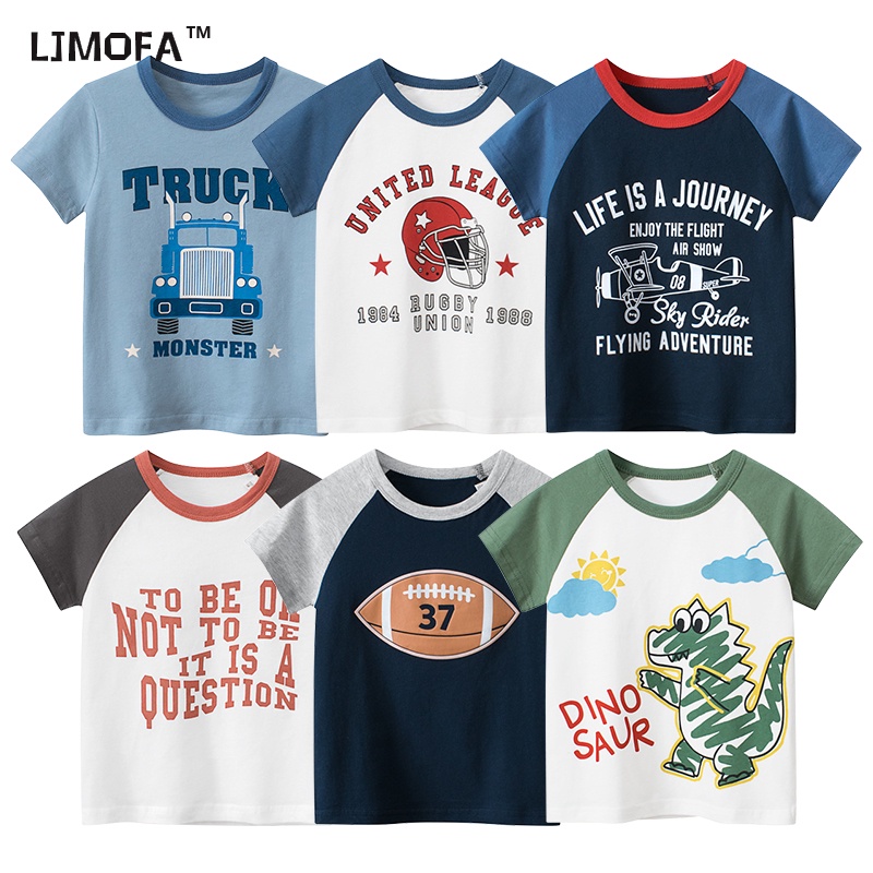 LJMOFA Baby Boy Áo ngắn tay áo thun con khủng long hình bông mô hình cổ áo thun trên cho trẻ em 1-10Y