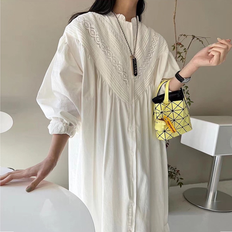Đầm Ren Cổ Đứng Tay Dài Dáng Rộng Phong Cách Hàn Quốc Thời Trang Cho Nữ