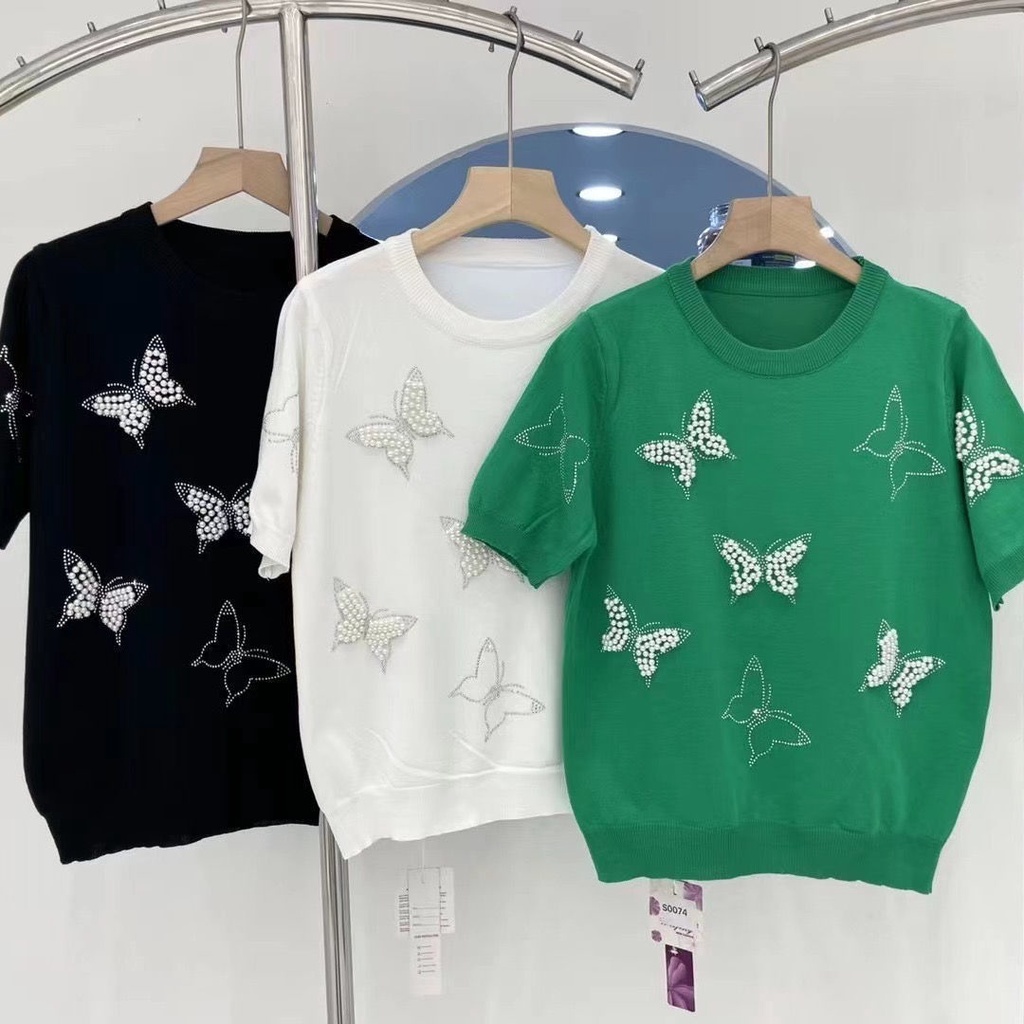 Áo Thun Mỏng Tay Ngắn Cổ Tròn Đính Hạt Hình Bướm Thời Trang Mùa Hè Hàng Mới Dành Cho Bạn Nữ