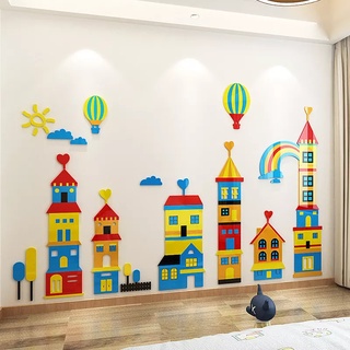 Thành Phố Thị Trấn Nhiều Màu Sắc 3D Acrylic Dán Tường Mẫu Giáo Trang Trí Dán Tường Nổi Mica Tranh