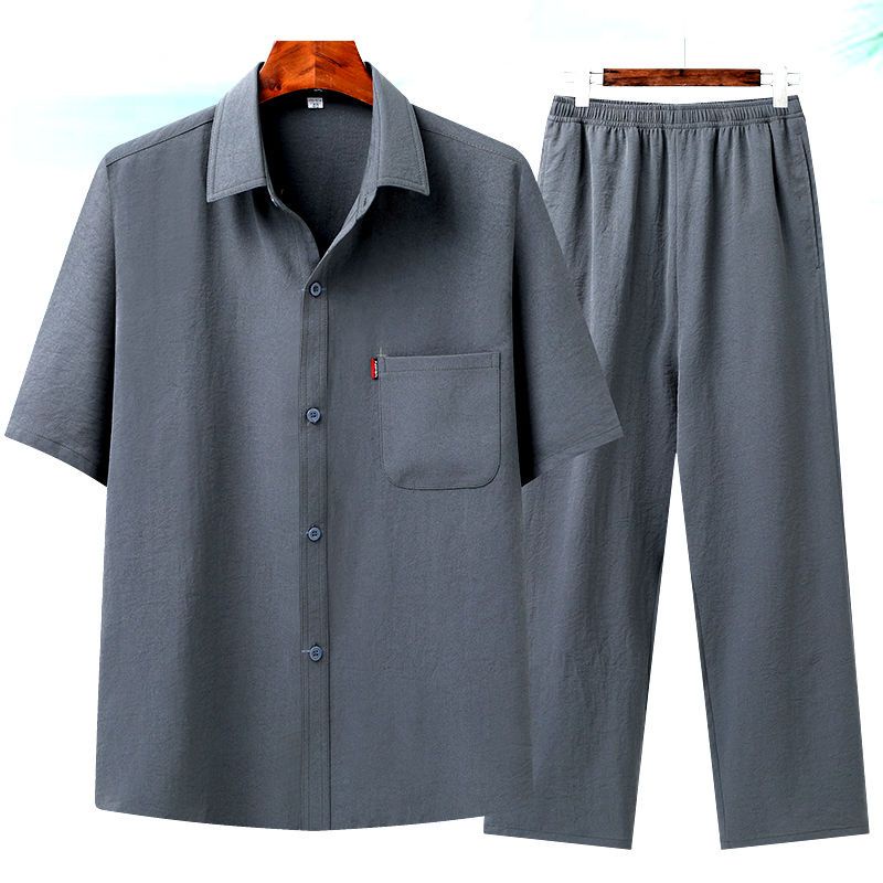 Áo sơ mi ngắn tay bằng lụa băng mùa hè dành cho bố trung niên và người cao tuổi, bộ vest dành cho bố, áo sơ mi dành cho