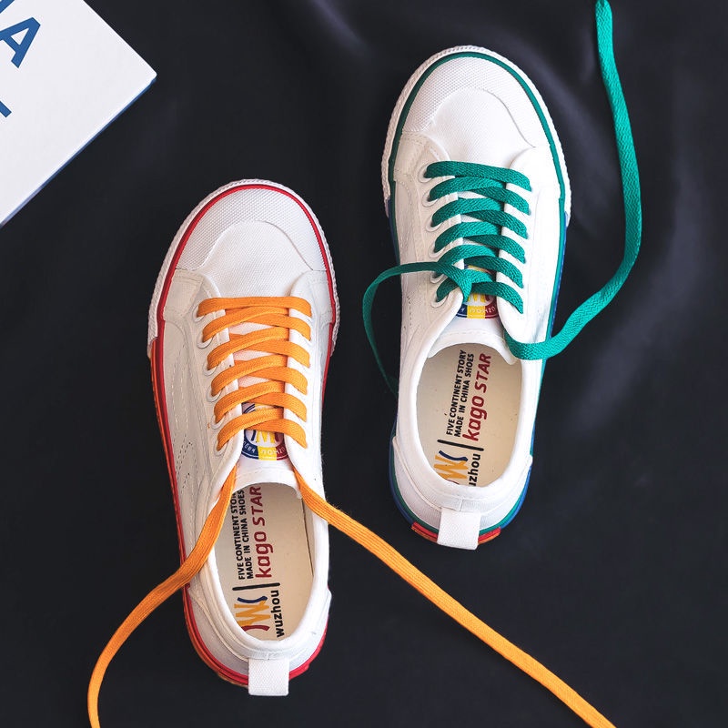 Mandarin Giày Thể Thao Canvas Đế Mềm Siêu Nhẹ Họa Tiết Cầu Vồng Phong Cách Retro Hàn Quốc