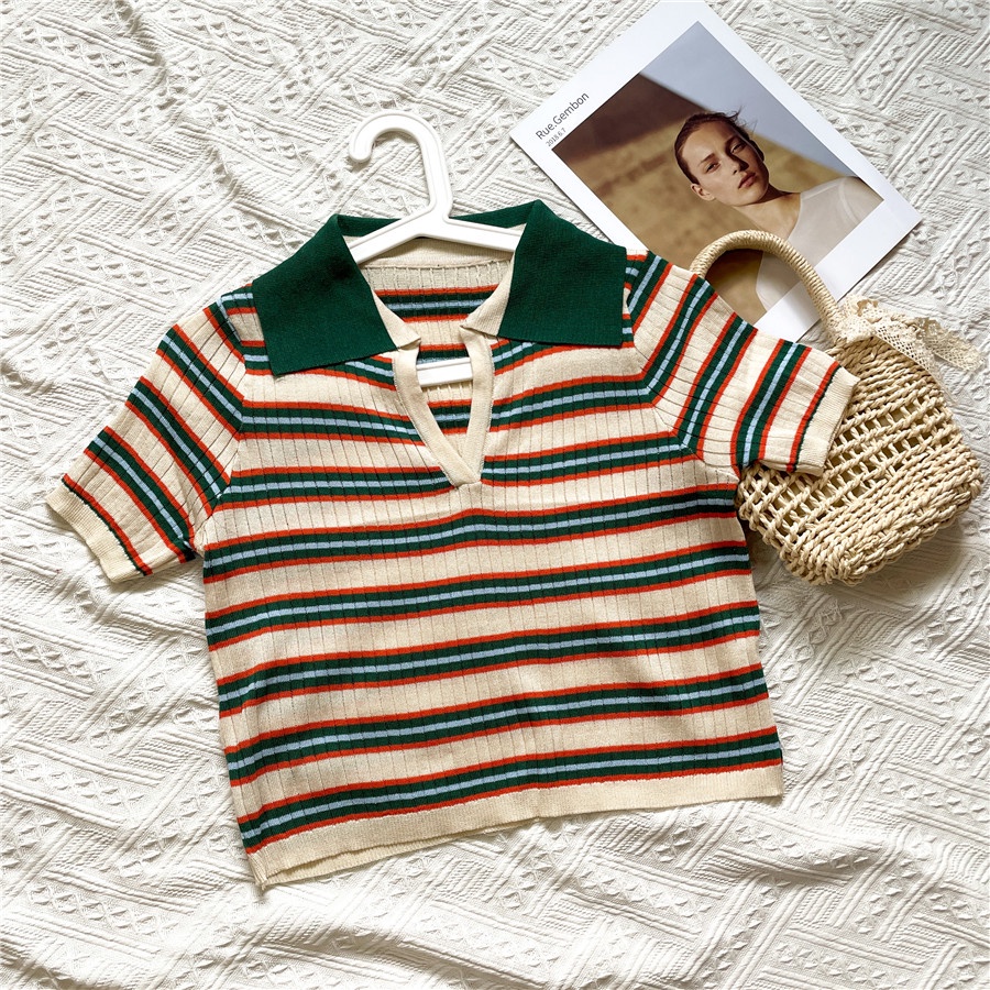 NUZIRO Áo Thun Ngắn Tay Họa Tiết Sọc Ngang Thời Trang Dành Cho Nữ