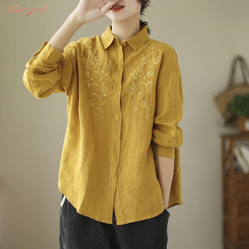 Áo Sơ Mi cotton linen Mỏng Tay Dài Thêu Họa Tiết Cổ Điển Kiểu Mới Dành Cho Bạn Nữ